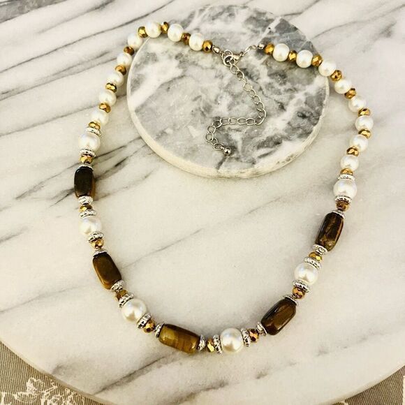 Tigers Eye Stone and Simulated Pearl Necklace Beaded Brown White Single Strand - Picture 1 of 8